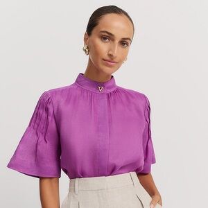 Country Road Linen Silk Pintuck Blouse Purple Short Sleeve—Size 8